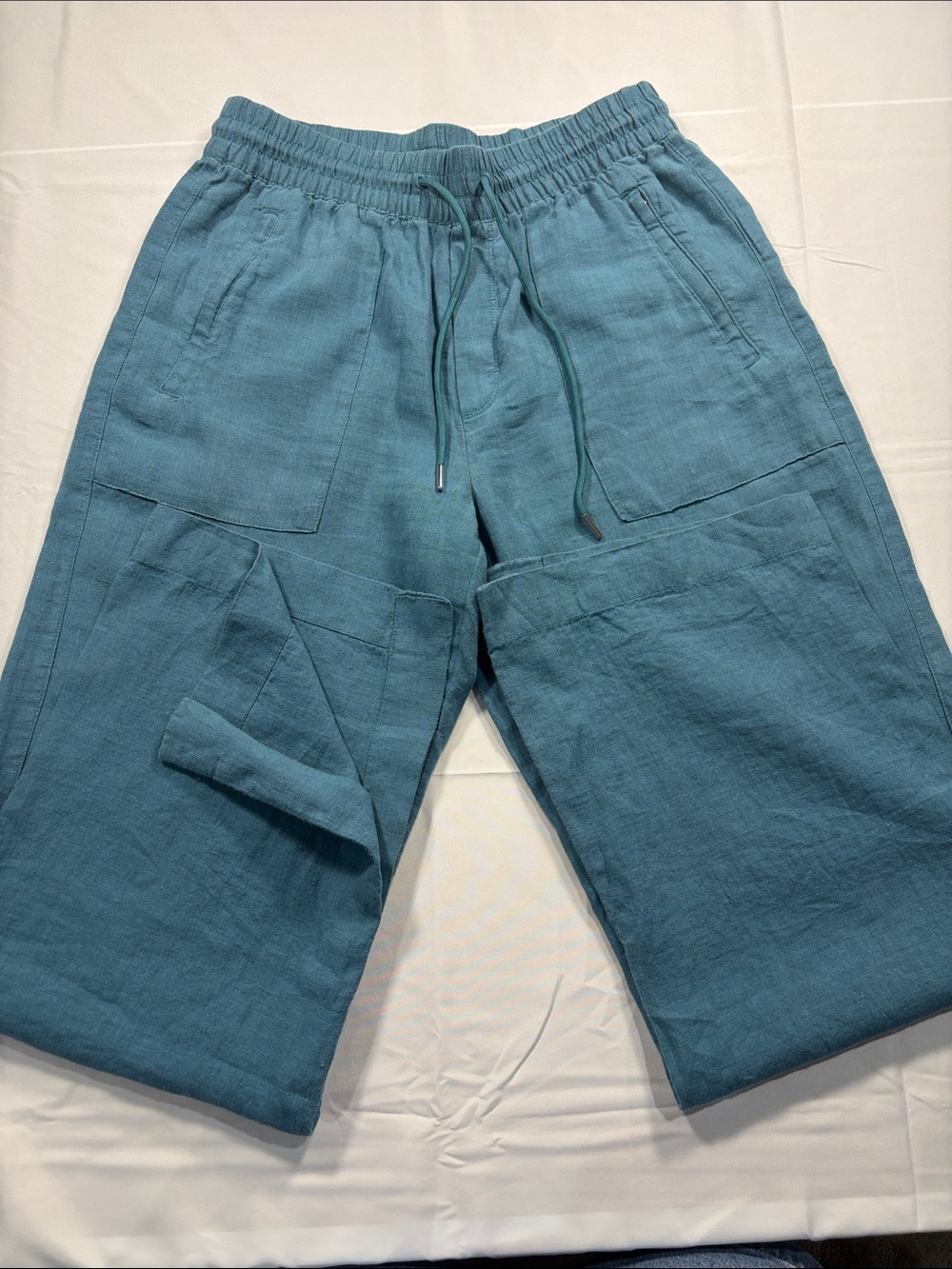 Athleta Teal Wide-Leg Linen Blend Drawstring Pants